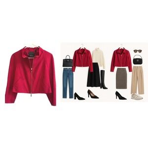 CARLISLE Silk Cropped‎ Jacket Red Gold Zip Front Career Party Statement US 8